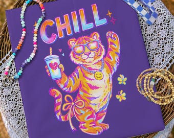 Preppy Chill Tiger Png, Funny Sarcastic PNG, Snarky Colorful Shirt Doodle Design, Trending Stripes Png, Girly Png, Boutique Png