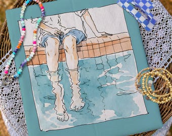 Coastal Watercolor Sketch Print | Poolside Minimal Art | Beach Aesthetic Printable | Modern Feminine Wall Decor | Digital Download