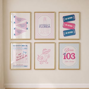 May include: A set of six framed wall art prints featuring University of Florida themes. Designs include pink pennants, the Century Tower, blue and pink Go Gators tickets, a guest check, an alligator mascot, and a Dorm 103 sign with names.