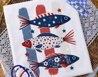 Pesce patriottico a strisce PNG, rosso bianco e blu PNG, pesca al persico PNG, design per maglietta stelle e strisce 4 luglio, lago estivo floreale