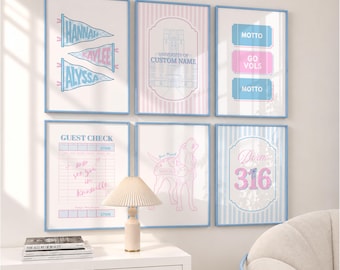 Juego de 6 láminas decorativas personalizadas para dormitorios universitarios / Decoración personalizada para habitaciones de residencia / Regalo para chicas universitarias / Póster imprimible de descarga digital / Vuelta al cole