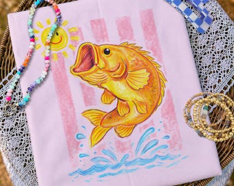 Retro Bass Fish PNG, Pastel Fishing Graphic, Preppy Coastal Lake Design, Summer Fishing Shirt Design, Sublimation PNG