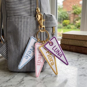 Custom Embroidered Pennant Flag Bag Charm, Personalized Embroidered Name Keychain, Gingham Purse Charm Gift, College Style Backpack Keychain
