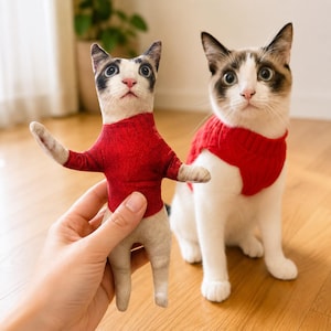 May include: A plush cat doll featuring a realistic printed face and a red knit sweater, held upright. Beside it sits a white and brown cat wearing an identical red knit sweater, mirroring the appearance of the plush toy in its pose and attire.