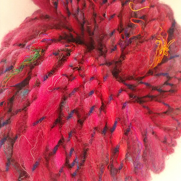Mulberry jumble - Bulky Art skein merino with sari silks . Hand spun, hand dyed  yarn. Australian merino with sari silk.