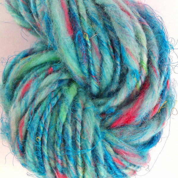Beach house -  Merino and sari silks -  Hand spun, hand dyed art yarn. Blue, turquoise, cerise,