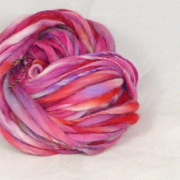 Berry sweets - Hand spun yarn, hand dyed slub. Thick and thin. Pure Australian 21 micron merino wool.