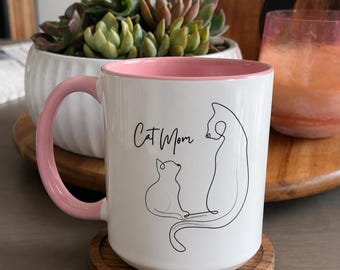 Single Line Cat Mom Mug, Color Accent Coffee Cup, Gift for Cat Mom