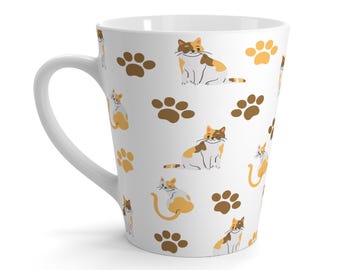 Calico Cat Pattern Latte Mug, Paw Print Ceramic Mug, Gift for Cat Lovers