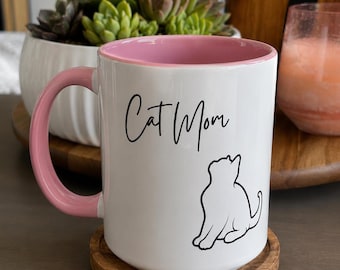 Minimal Line Art Cat Mug, Cat Mom Coffee Cup with Color Accent, Gift for Cat Mom