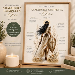 May include: A framed wall art print titled VÍSTANSE CON LA ARMADURA COMPLETA DE DIOS EFESIAS 6:11, featuring a central illustration of a figure in golden armour with a sword and shield, surrounded by text labels describing the armour pieces in Spanish.