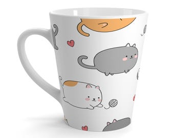 Cute Kawaii Cats Latte Mug, Cat Pattern, Hearts & Yarn, Gift for Cat Lover