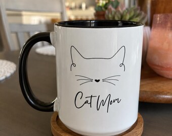 Minimal Cat Face Line Art Mug | Color Accent Ceramic Mug