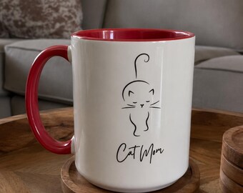 Sophisticated Single Line Cat Illustration Mug, Color Accent Pet Mug, Gift for Cat Mom