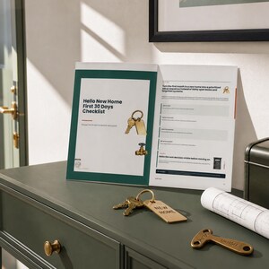 Może przedstawiać: Otwarta broszura zatytułowana Hello New Home First 30 Days Checklist z ciemnozieloną obwódką. Obok leży zestaw mosiężnych kluczy z zawieszką z napisem New Home, mosiężne narzędzie oraz zwinięty plan architektoniczny na ciemnozielonej powierzchni.
