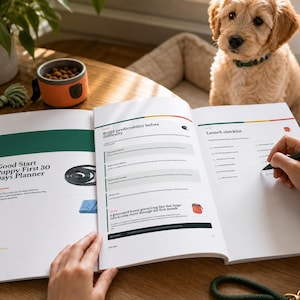 May include: An open Good Start Puppy First 30 Days Planner with white pages, black text, and green accents. The left page features a title and images of a leash and cloth. The right page contains a checklist and a section titled Build predictability before difficulty.