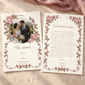 May include: Two wedding announcement cards featuring an oval photograph of a couple, floral rose vine borders, and printed text in Spanish. The left card displays the names María and Andrés with the date 20 SEPTIEMBRE 2026, while the right card contains a message.