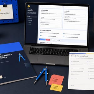May include: A laptop displaying the Prompt Architect interface, a blue and black booklet titled Prompt Architect Offline Brief Studio, a blue drafting compass, a white Ready-to-use check document, and two small cards labeled Status and Approval.