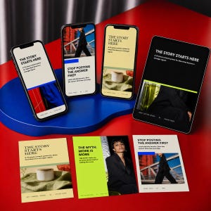 May include: Three smartphones and one tablet display digital content with the text THE STORY STARTS HERE. Below them, three printed cards feature graphic designs, including text like THE MYTH: MORE IS MORE and images of a person in a black suit.