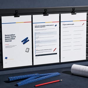 May include: Three white sheets of paper titled Renovation Radar Home Renovation Planner, Make the renovation visible before it becomes expensive, and Project readiness gate, displayed with a blue folding ruler and a red pencil.
