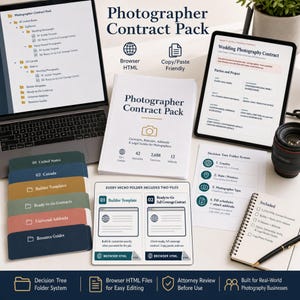 Puede incluir: Un paquete de contratos para fotógrafos con un portátil, una tableta y documentos impresos. El paquete incluye contratos, liberaciones y guías legales. El texto de la portada dice "Photographer Contract Pack". También se ven una lente de cámara y un bloc de notas.