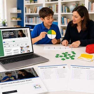 May include: A laptop displaying the Lesson Loop Private Tutor Studio website, a circular fraction chart, printed documents titled Inside this working edition, small green square tiles, a red pencil case, and a stack of yellow cards on a table.