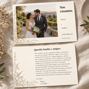 May include: Two rectangular wedding announcement cards with cream-colored paper and botanical line art. The top card features a photo of a couple, the text Nos casamos, María y Andrés, 20 SEPTIEMBRE 2026, and Provenza, Francia. The bottom card contains text.