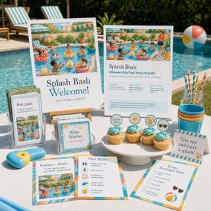 Splash Bash Kids Pool Party Host Kit, Printable Games and Decor Bundle