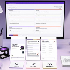 May include: A computer monitor displays an AI Content QA Report dashboard with purple accents. In front, three white documents show workflow steps, alongside a magnifying tool, a pen holder, a purple mug, and cards labeled Verify, Revise, and Approve.