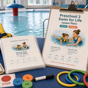 May include: A clipboard with "Preschool 2 Swim for Life" lesson plans, a stack of cards, and colorful rings are displayed near a pool. The lesson plan includes illustrations of a child and adult in the water. A yellow life vest and a rubber duck toy are also visible.