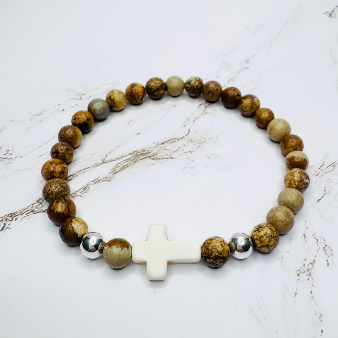 Picture Jasper and Howlite Cross Beaded Bracelet | Minimalist Spiritual ...