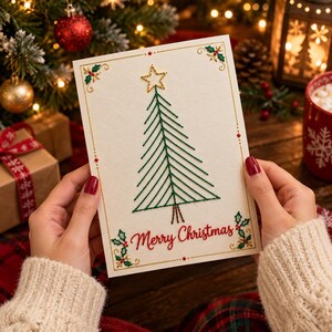 Puede incluir: Una tarjeta de felicitación color crema con un árbol de Navidad bordado en hilo verde y coronado con una estrella dorada. La tarjeta incluye el texto Merry Christmas bordado en rojo, con bordes dorados y motivos de acebo en las esquinas.