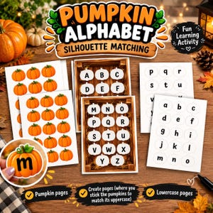 Puede incluir: Un conjunto de actividades de emparejamiento de siluetas Pumpkin Alphabet con hojas impresas con ilustraciones de calabazas naranjas, letras mayúsculas A-Z en formas de calabaza y minúsculas a-z en fondos circulares blancos.