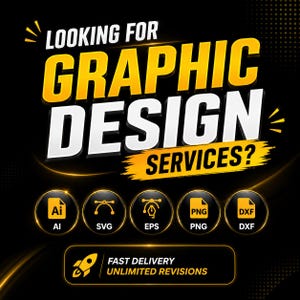 Könnte beinhalten: Eine schwarze Grafik mit gelbem und weißem Text, der LOOKING FOR GRAPHIC DESIGN SERVICES? lautet. Fünf kreisförmige Symbole zeigen die Dateiformate Ai, SVG, EPS, PNG und DXF. Ein unterer rechteckiger Button zeigt ein Raketensymbol und den Text FAST DELIVERY UNLIMITED REVISIONS.