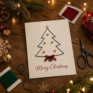 Puede incluir: Una tarjeta de felicitación de color crema con el contorno de un árbol de Navidad bordado en verde, decorado con cinco pequeñas esferas doradas, una estrella dorada en la punta y un lazo de cinta rojo oscuro en la base. Texto Merry Christmas en rojo.