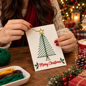 Mallar för julgranstrådskort, julkort med pappersbroderi, utskrivbara stygnmönster, gör-det-själv-julkortspyssel, PDF-nedladdning