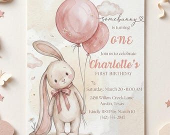 Certains lapin est un anniversaire Invitation, premier anniversaire de lapin, modèle d'anniversaire modifiable lapin rose, fête de fille, téléchargement numérique