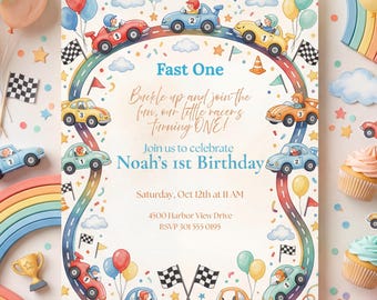Invitation rapide un anniversaire, invitation premier anniversaire de voiture de course, modèle modifiable de fête de course, anniversaire d'enfants, téléchargement numérique