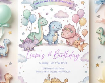 Faire-part d'anniversaire dinosaure mignon, invitation d'anniversaire rugissement, modèle de premier anniversaire Dino modifiable, fête d'enfants, téléchargement numérique
