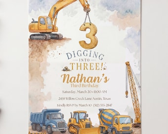 Construction Birthday Invitation Template, Digging Into Three Invite, Construction Party Invite, Editable Canva Birthday Card