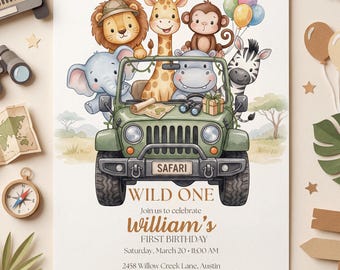 Invitation de safari de Wild One | Invitation anniversaire Jeep Safari | Modèle d'invitation de premier anniversaire | Faire-part d'anniversaire garçon modifiable