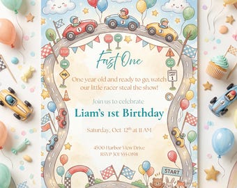 Faire-part pour un anniversaire rapide, invitation pour le premier anniversaire de la voiture de course, modèle modifiable de fête de course, anniversaire de garçon, téléchargement numérique