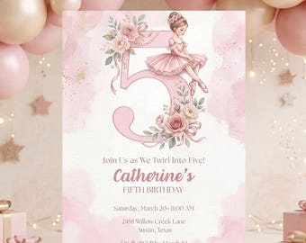 Ballerina 5th Birthday Invitation, Twirling Into Five Invite, Ballet Birthday Party, Editable Canva Template, Pink Floral