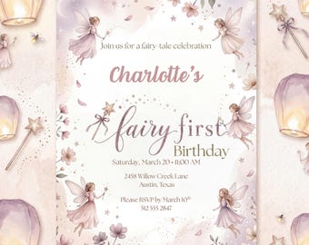 Fairy First Birthday Invitation Template, Fairy Garden Party Invite, Enchanted Fairy Birthday, Editable Girl Invitation