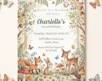Woodland Birthday Invitation Template, Forest Animal Birthday Invite, Fox Deer Bunny Woodland Party, Editable Canva Invitation