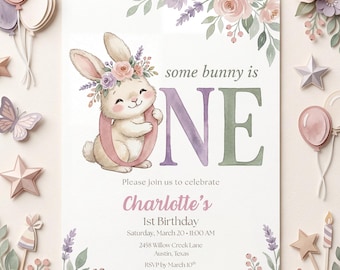 Bunny First Birthday Invitation Template, Some Bunny Is Turning One Invite, Editable Canva Bunny Birthday Invitation