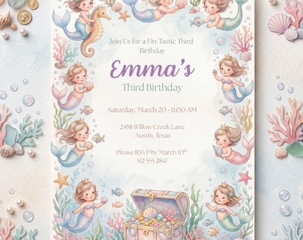 Mermaid Birthday Invitation Template, Under the Sea Party Invite, Editable Canva Invitation, Ocean Mermaid Birthday Card