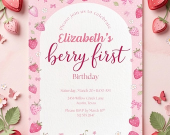Berry First Birthday Invitation Template, Strawberry First Birthday Invite, Pink Strawberry Party Invitation, Berry Sweet Birthday