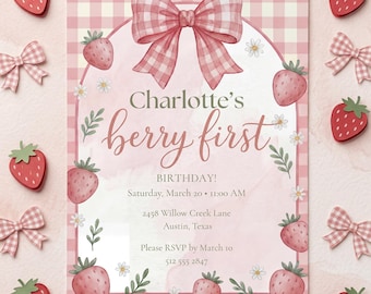 Berry First Birthday Invitation Template, Strawberry First Birthday Invite, Pink Gingham Berry Birthday Party, Editable Canva Invite