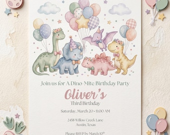 Pastel Dinosaur Birthday Invitation Editable Canva Template Dinosaur Party Invite Boy Birthday Dino-Mite Invite